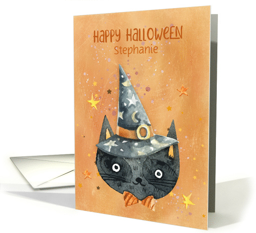 Customize Halloween Black Cat with Witch Hat card (1536598)
