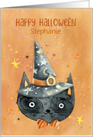 Customize Halloween Black Cat with Witch Hat card