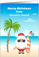 Customized Merry Christmas with Tropical Santa and Surfboard card