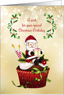Christmas Birthday Cupcake with Santa and Holly card