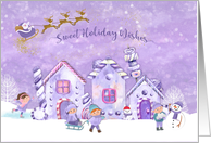 Candy Houses with Children Playing and Santa Flying card