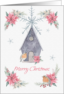 Merry Christmas Birdhouse with Birds and Poinsettias card