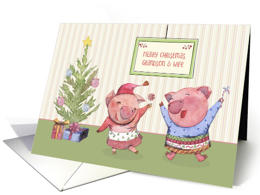 For Grandson and Wife Joyous Christmas Pigs card (1548496)