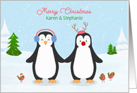 Customize for Lesbian Couple Christmas Penguins card