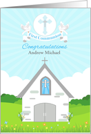 Customize for Boy First Communion with Church and Doves card
