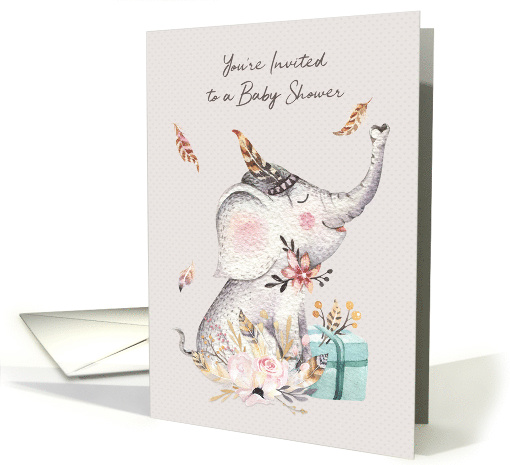 Boho Baby Shower with Elephant, Flowers and Feathers card (1566404)