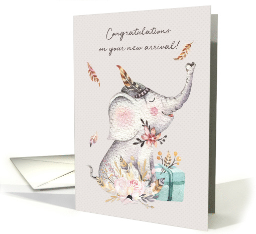 New Baby Congratulations with Elephant, Flowers and Feathers card