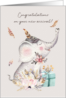 New Baby Congratulations with Elephant, Flowers and Feathers card