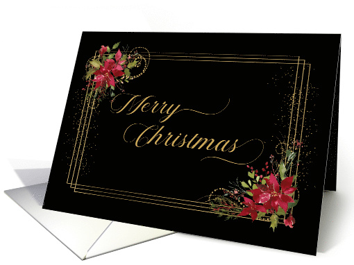 Merry Christmas Red Poinsettias with Gold Color Frame on Black card