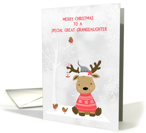 For Great Granddaughter Christmas Reindeer with Birds Snow Scene card