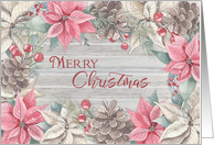 Merry Christmas Pink Poinsettia and Pine Cone Border card