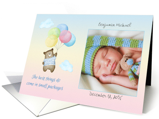 Pastel Baby Photo Announcement Bear with Balloons in the Clouds card