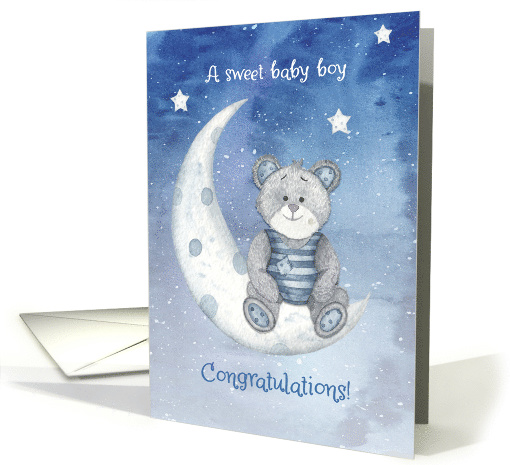 Congratulations New Baby Boy Bear Sitting on Moon with Stars card