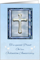Priest Anniversary Religious Life Stained Glass, Blue Cross card