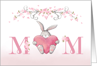 For Mom on Mothers Day Bunny with Pink Heart and Flowers card