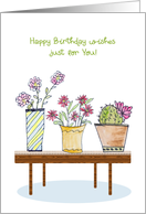 Birthday Wishes with Watercolor Potted Plants & Flowers card