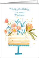 For Mother Birthday Cake Topped with Flowers card