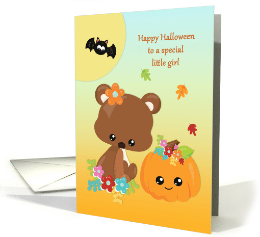 For Little Girl at Halloween Bear, Pumpkin, Moon and Bat card