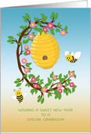 For Grandson at Rosh Hashanah Cute Bees with Beehive card