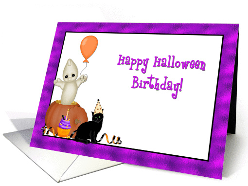 Halloween Birthday, Black Cat, Ghost, Pumpkin and Balloon card
