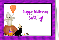 Halloween Birthday, Black Cat, Ghost, Pumpkin and Balloon card