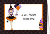 Halloween Birthday, Witch, Balloons, Cupcakes card