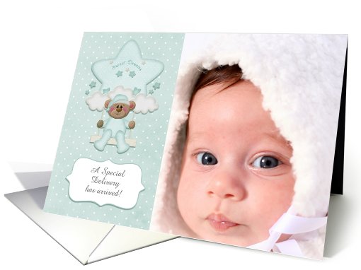 Green Swinging Bear, Cloud, Star Baby Announcement Photo card (886840)