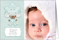 Green Swinging Bear, Cloud, Star Baby Announcement Photo Card