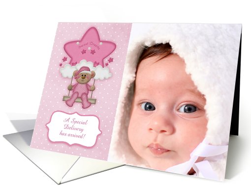 Pink Swinging Bear, Cloud, Star Baby Announcement Photo card (886841)