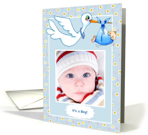 Stork, Daisies, Blue Baby Bundle Photo card (888587)
