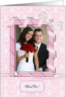 Pink Damask, Ribbon Frame, Thank You Photo Card