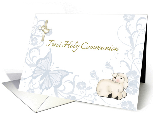 First Holy Communion, Lamb, Cross, Butterfly Blue Floral card (914127)