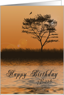 Happy Birthday Boss, Orange sunset with Tree by Lake card