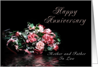 Happy Anniversary Mother and Father In Law, Pink Bouquet on Black Background card