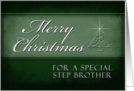 Step Brother Merry Christmas, Green Background with Christmas Tree card