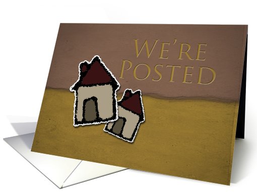 We're Posted, Two Cartoon Houses with Tan and Yellow Background card