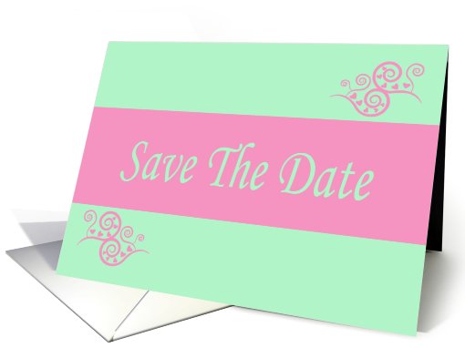 Save The Date love hearts pink and mint scrolls romantic... (765172)