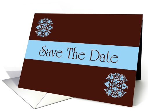 Save The Date blue and chocolate brown romantic spring colors card