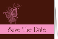 Save The Date scroll pink and chocolate brown romantic spring colors card
