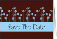 Save The Date flowers blue and chocolate brown romantic spring colors card