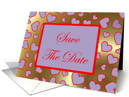 Save The Date with purple mauve love hearts gold background card