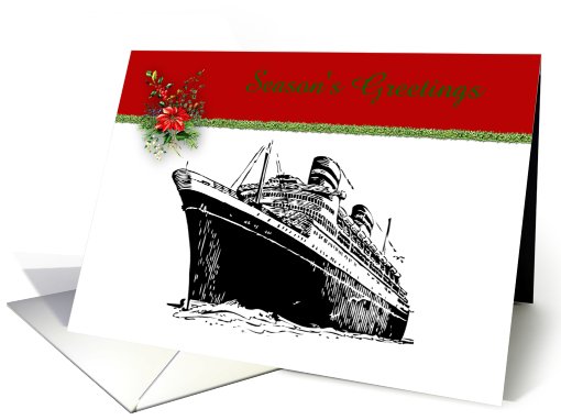 Christmas Cruise Ship with tinsel poinsettia cruise liner custom card