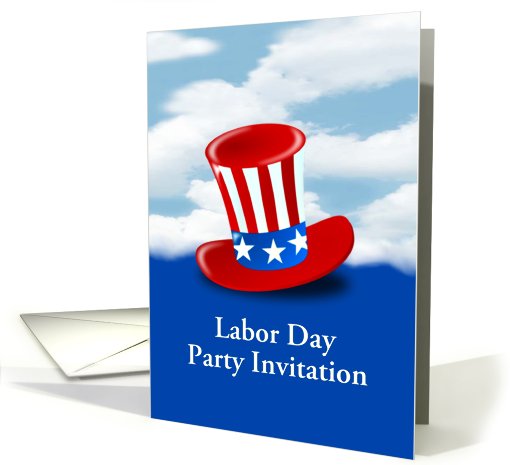 Labor Day Party Invitation with American flag top hat against sky card