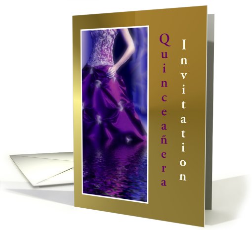 Quinceanera Invitation with purple dress and gold customizable card