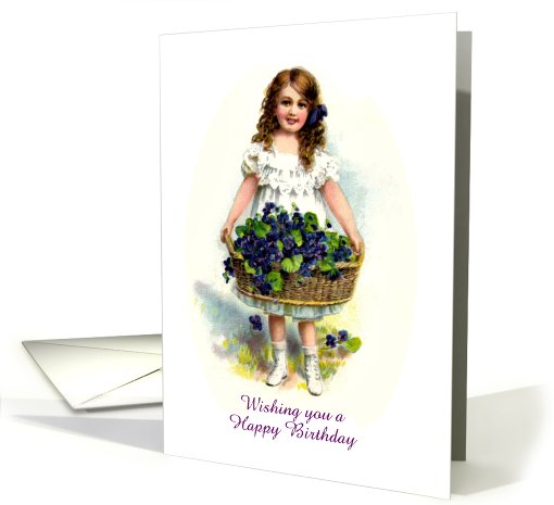 Vintage Happy Birthday custom card with vintage girl with flowers card