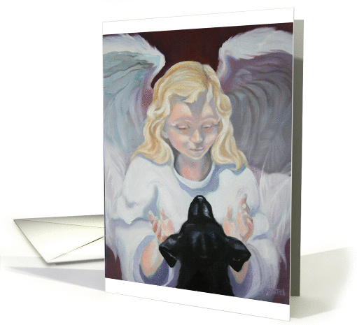 Pet Loss - Sympathy Card - Angel and Black Dog - Welcome Home card