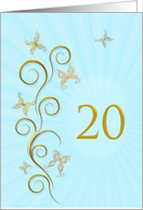 20th Birthday with Golden Butterflies card