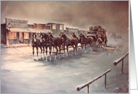 NIGHT STAGECOACH , horses, men, old west town card