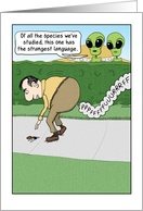 Funny Strange Language Birthday, Two Aliens, Farting Earthling card