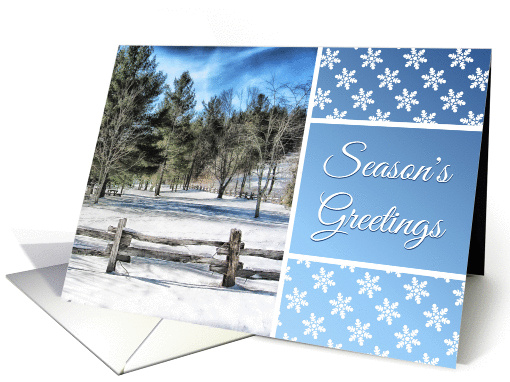 Season's Greetings Card With Evergreen Trees and Snowflake Design card